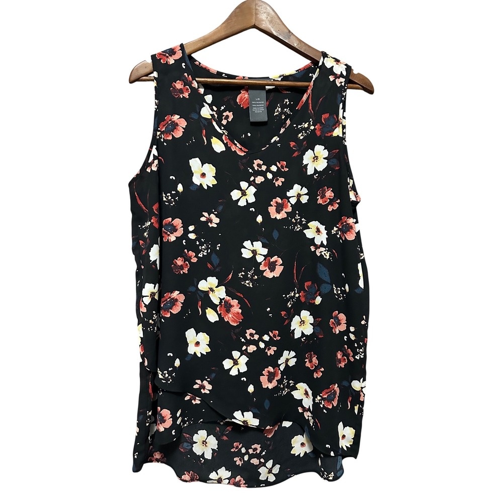 Chelsea & Theodore Black Floral Layered Sleeveless V Neck Top Women's Size L